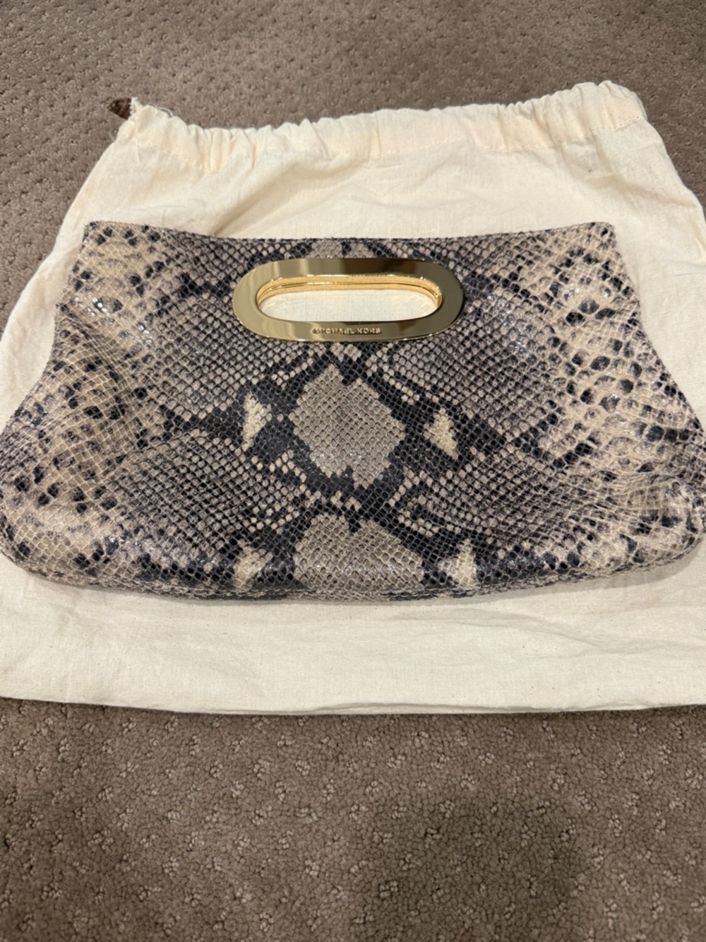 Michael Kors Beige and Black Snake-Print Clutch with Gold Handle
